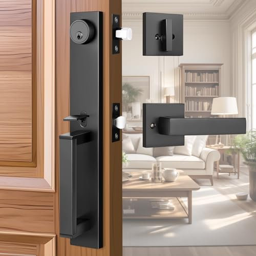 Tinewa 1 Pack Exterior Door Handle with Deadbolt, Matte Black Front Door Lock Set, Modern Heavy Duty Full Escutcheon Entry Door Handleset, Adjustable & Reversible for Right & Left Handed Doors