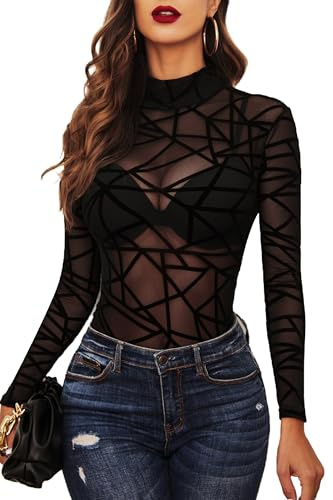 Avidlove Body Sexy Mujer, Elástico de Manga Body Elegante con Parte Superior de Malla, Bodis de Encaje, Top con Cuello Alto Bodysuit