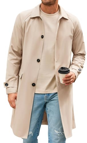 Runcati Mens Trench Coat Slim Fit Single Breasted Long Windbreaker Jacket Classic Lapel Casual Overcoat, Khaki, XL