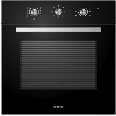 INFINITON Horno Multifunción M658BK, 65 Litros, 9 Funciones, Acabado CRYSTAL BLACK, Control mecánico con Termostato regulable, Grill, Iluminación interior, A, Diseño con Tirador con acabado INOX