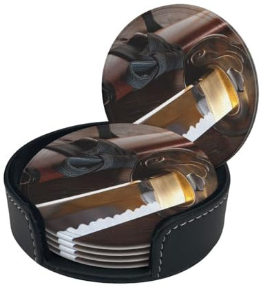 Japan Samurai Sword Coasters For Drinks Set Of 6, Round Leather Coaster With Holder Drink Coffee Cup Mat Tea Pad Table Pad For Mugs And Cups