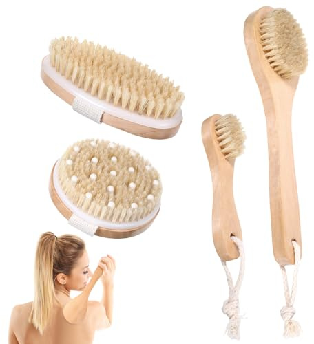 4 Pcs Dry Brushing Body Brush for Lymphatic Drainage, Pore Cleaning Brush Set Long Handle Back Scrubber for Shower, Soft Dry Brush for Body Face, Bath Brushing Cellulite Exfoliating Brushes