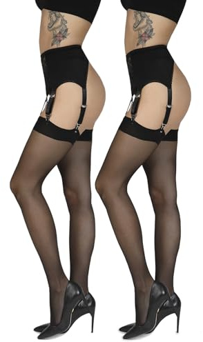Annes styling Medias lisas y finas con tirantes para mujer para medias con tirantes para cinturón liguero 20 DEN medias transparentes con parte superior lisa, M-L