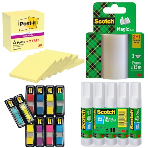 Post-it Super Sticky Notes Gelb 6 Blöcke 76x76 mm, Scotch Magic Tape 3 Rollen 19 mm x 15 m, Post-it Index Flags 10 Blöcke bunt, Scotch Permanent Klebestift 5 Sticks
