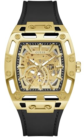 Guess Phoenix GW0980G2 Montre pour Homme en Acier Inoxydable avec Bracelet en Silicone Noir 5 Bar Cadran Champagne 42 mm