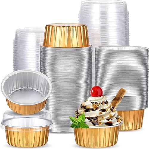 100 Gold Baking Cups with Lids 5oz Aluminium Foil Heatproof Wedding Party | Premium Gold Foil Construction
