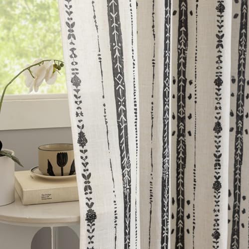 Conkov Black Boho Linen Curtains 2 Panels Set 84 Inches Long Bohemian Chic Striped Curtains for Living Room,Semi Sheer Modern Farmhouse Geometric Printed Rustic Drapes for Gothic Decor,W52 X L84