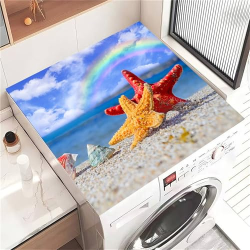 Highdi Housse de Protection pour Machine à Laver Top, Motif étoile de Mer Coussin de Machine à Laver Antidérapant, Tapis de Protection pour Dessus Sèche-Linge Séchage Rapide (Plage 3,60x60cm)