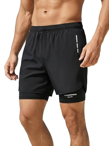 ZHAOCAI Quick Dry Mens Swimming Shorts with Drawstring Boys Swimming Trunks with Compression Liner 4-Way Stretch 2 in 1 Beach Board Shorts Training Fitness Swimwear Black