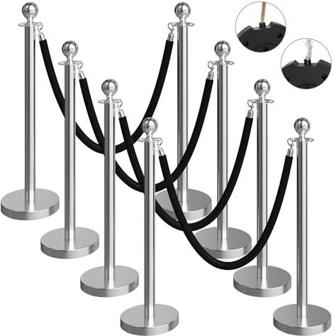 8 Pack Silver Stanchions and Velvet Ropes Set, Stainless Steel Crowd Control Barriers, 4Pcs Black Ropes and Poles for Party Supplies,Photobooth Accessories,Prom,Birthday,Business,Wedding, Museums