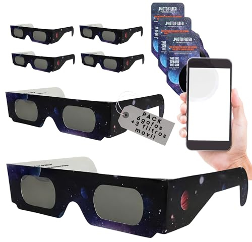 Genérico HOMANAGE Pack gafas eclipse solar homologadas y filtro movil iso 12312-2 CE | Visión Segura del Sol y Tránsitos. Gafas de eclipse solar total 12 de Agosto 2026, Europa, España, Portugal (6)