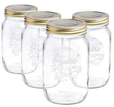 Bormioli Rocco Set of 4 Food Preserve Jars with Airtight Screw Lid from Quattro Stagioni - 1 Litre
