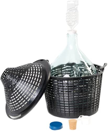 MIKONI Weinballon 10L mit Korb + Gärröhrchen + 3 Korken, Kunststoffkorb, Glasballon, Gäreimer, Gärballon, Weinfass, Gallone, Bügelflasche, Korb, Glasgärballon, Set, Gärröhr, Flasche, Gärbehälter