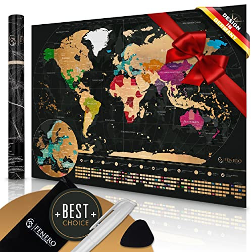 FENERO Weltkarte zum Rubbeln XXL [DIN A1] - aus exklusivem Kunststoff - Rubbel-Weltkarte Deutsch - Landkarte zum Rubbeln mit Marker, Plektrum & Täschchen - GOLD