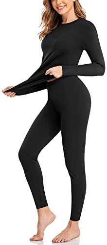 SIMIYA Women Thermal Underwear Set Base Layer Long Sleeve Top Ultra Soft Long Johns Fleece Lined Thermals Leggings for Winter Workout(1pc Black,M)