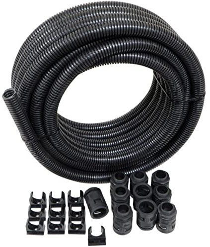 Conduit flexible noir avec presse-étoupes et clips pour protection des câbles à l'intérieur ou à l'extérieur 10 m x 20 mm