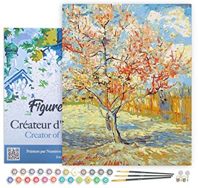 Figured'Art Peinture par Numéro Adulte avec Cadre Van Gogh Pêcher - Activité Manuelle Kit de Loisir Créatif DIY Numéro d'Art Complet - 40x50cm toile tendue sur châssis