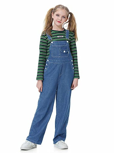 Rolanko Mädchen Kinder Jeans Latzhose Jumpsuit Lange Hose Overall mit Verstellbaren Hosenträgern, Blue Button, Größe:170