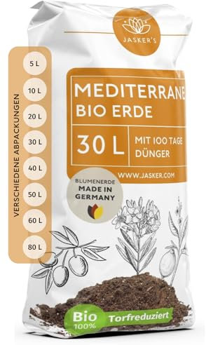 JASKER'S Bio Mediterrane Erde & Kübelpflanzenerde mediterran 30 L - Mediterrane Pflanzenerde mit 40% weniger Torf - Mediterane Pflanzerde mit Dünger - Als Lavendel Erde, Plumeria Erde & Oleander Erde