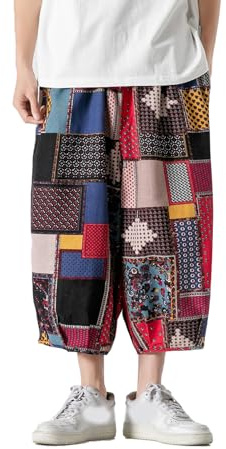 GURUNVANI Mens Patchwork Wide Leg Pants Elastic Waist Harlem Capri Pants Loose Beach Trouser