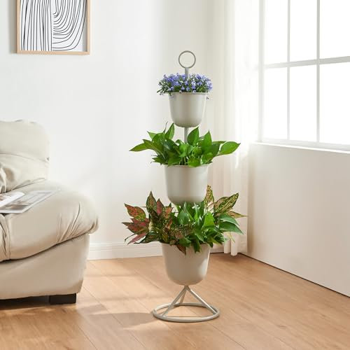 [en.casa] Stand Portapiante con 3 Vasi Piedistallo per Piante Supporto Espositore Piante Fiori Portapiante in Metallo - Grigio Chiaro