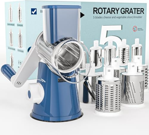 Cambom Rotary Cheese Grater Hand Crank Cheese Shredder for Fresh Cheese, Vegetable, Nuts, Non-slip Suction Base,Five Blades, Deep Blue