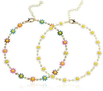 EHDWXVZM Tobilleras Margaritas Pequeñas Florales para Mujer, Estilo Boho con Joyería para Pies Ajustable
