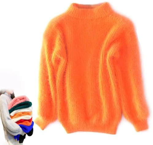 BreWel Señora Invierno Angora Mezcla de Cachemira suéter Suelto y cálido Casual Grueso Cuello Alto de Lana suéter de Color sólido Cuello Redondo Jersey de Punto suéter