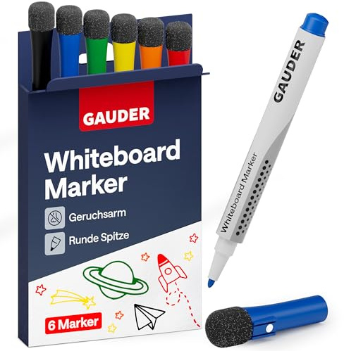 GAUDER Whiteboard Marker Set (6 Stück) | Whiteboard Stifte (6 Farben) | trocken und rückstandsfrei abwischbar | Dry Erase Marker mit Schwamm ideal für Whiteboards und Magnettafeln