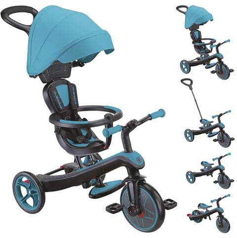 GLOBBER Explorer Trike 4in1 Pro in Türkis – Dreirad, Laufrad und Kinderwagen in 10/8,5 Zoll – TPR-Sitz – höhenverstellbares Kinderfahrzeug
