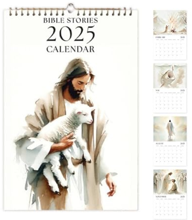 Jesus kristen kalender 2025, Kristus kalender med bibelberättelser, månatlig upphängbar kalender, kristen dekorativ väggkalender, landskapsmålningskalender för vardagsrum