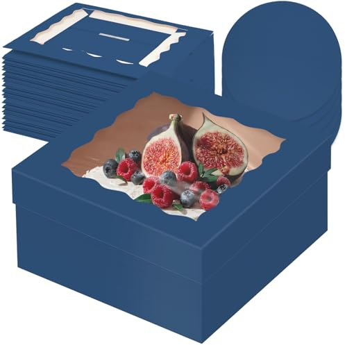 Gcardist 12x12x6 Inch Cake Box, 5 Sets Ink Blue Cake Box with Window & 5 Sets 12 Inch Ink Blue Cake Round Boards, Cake Containers(30.5x30.5x15.5cm)