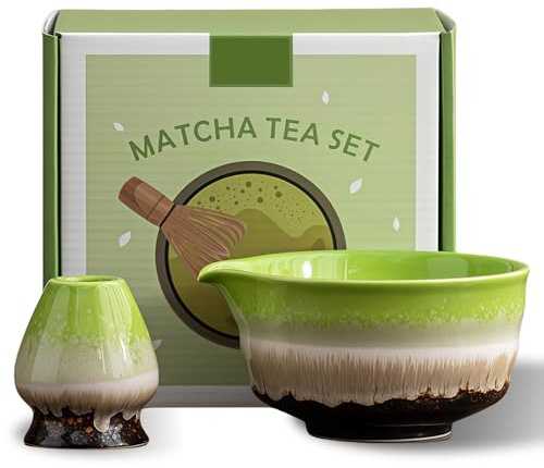 PRITOK Cuenco de matcha verde: 2 piezas 18 OZ Matcha Chawan Hecho a mano para la ceremonia matcha, cuenco de cerámica matcha con boquilla