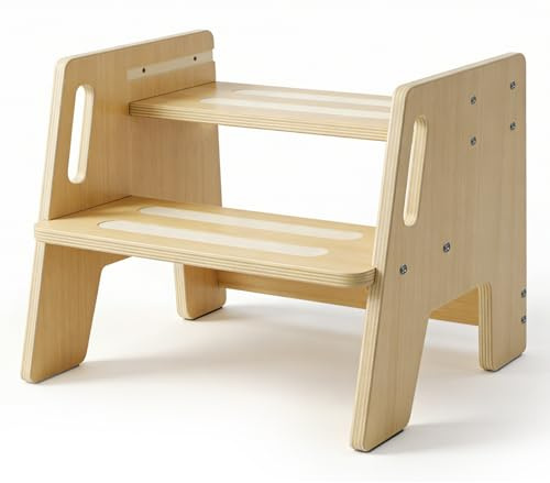 HA BIN Sgabello in Legno per Bambini a 2 Gradini, Regolabile in Altezza, Antiscivolo con Maniglie, Capacità fino a 150 kg, Scaletta per Bagno, Cucina, Camera dei Bambini, Multifunzionale