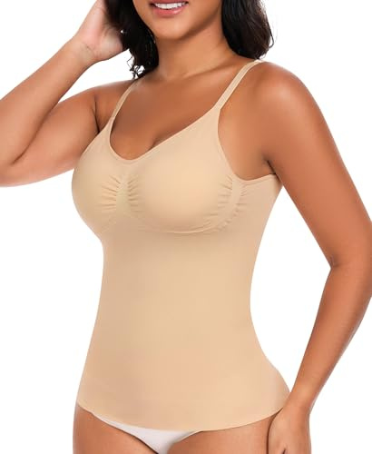 Seamless Shapewear Vest Tank Top for Women Tummy Control Compression Camisole Top with Built-in Bra Padded with Adjustable Straps Sleeveless V Neck Slimming Cami Shirt