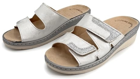 JOMIX Mules Femme Orthopédiques à Scratch Pantoufles d'Été Anatomiques Semelle Amovible en Cuir Véritable Sandales églables Compensées Confortables pour Pieds Sensibles et Senior Bleu 35