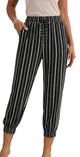 YUTILA Pantalones de verano para mujer, pantalones capri, 7/8, con bolsillos, negro y blanco, L