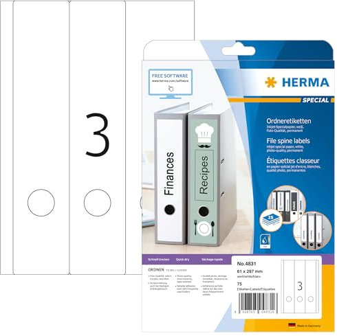 HERMA 4831 Ordnerrücken Etiketten lang breit, 25 Blatt, 61 x 297 mm, 3 pro A4 Bogen, 75 Stück, selbstklebend, bedruckbar, blickdicht, Inkjet Ordneretiketten Rückenschilder Spezialpapier Aufkleber weiß