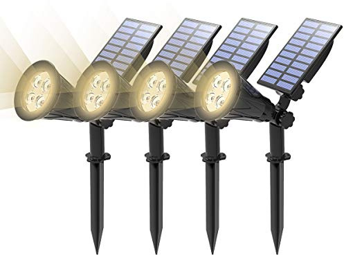 T-SUN 4 Unidades Foco Solar, Impermeable Luces Solares Exterior, Luz de Jardín, 2 Modos de Iluminación Opcionales, Blanco Natural 4000K, Luz de Proyecto Solar para Entrada, Camino.