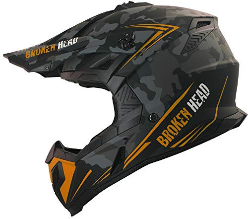 Broken Head Squadron Rebelution Camouflage Grau Orange - MX Motocross-Helm - Quad-Helm - Sumo-Helm (S (55-56 cm))