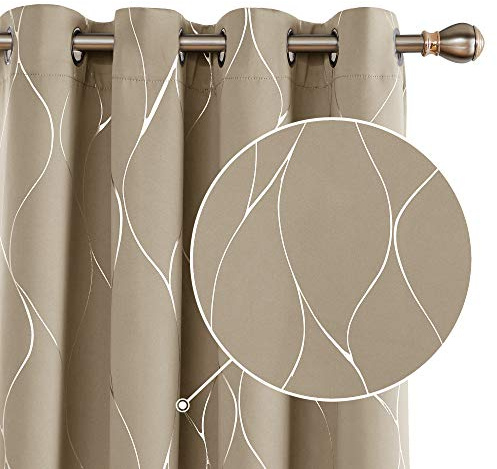 Deconovo Blackout Curtains Silver Wave Foil Printed Thermal Insulated Eyelet Curtains for Bedroom Taupe W66 x L54 One Pair
