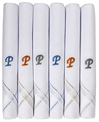Caruso Italy Men's Initial Monogram P Embroidery 100% Pure Cotton Handkerchief White Base With Colored Border - Pack Of 6