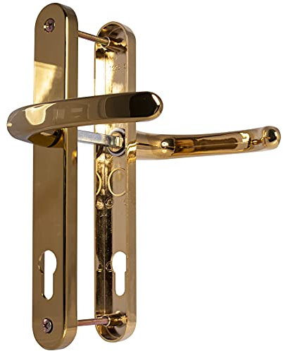 UPVC Door Handles - Polished Brass - Lever/Lever - 92mm PZ (Centres) - 210mm Screw to Screw - Backplate 242mm X 34mm - UPVC Door Handle - External Door Handle - Polished Brass Replacement Handles