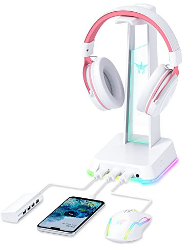 PHNIXGAM Soporte para Auriculares RGB con AUX de 3,5 mm y concentrador USB 2.0 de 3 Puertos, Soporte Universal para Colgar Auriculares para Juegos para computadora, Accesorios para Jugadores (White)