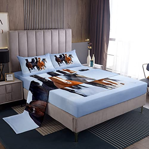 Set di biancheria da letto per bambini con cavallo galoppo kawaii, set di lenzuola per bambini con tasca profonda, set di lenzuola da cowboy, set da letto per letto singolo