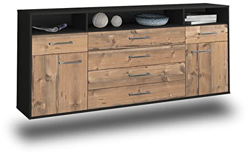 Lqliving Kommode Sideboard Bellevue, Korpus in anthrazit matt, Front im Holz-Design Pinie (180x77x35cm), inkl. Metall Griffen, Wandmontage, Made in Germany