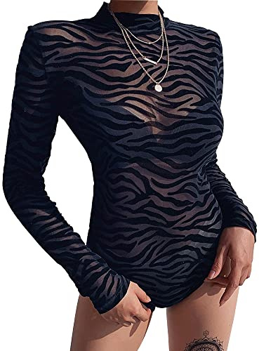 QKEPCY Body para Mujer Manga Larga Bodycon Casual Elástico de Manga Larga Bodis de Encaje Talla Grande Bodysuit Transparente de Mujer Top Vestir para Fiesta (M)