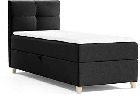 Boxspringbett Candy Mini mit Bettkasten und Topper - Jugendbett, Kinderbett, Einzelbett mit Bonell-Matratze und Topper, Bett mit Holzfüße (Schwarz (Soro 100), 100 x 200 cm)