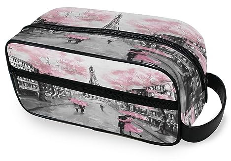 Borsa da toilette portatile con torre Eiffel e amanti di Parigi, borsa da viaggio con fiori rosa, borsa per cosmetici multifunzione, borsa per cosmetici, borsa per trucchi, per donne, uomini, ragazzi