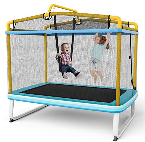 COSTWAY 3 in 1 Kindertrampolin, Gartentrampolin rechteckig mit Schaukel, Reckstange, Fitness Trampolin mit Sicherheitsnetz & Randabdeckung, Indoor-/Outdoortrampolin 190 x 124 x 222 cm (Blau + Gelb)